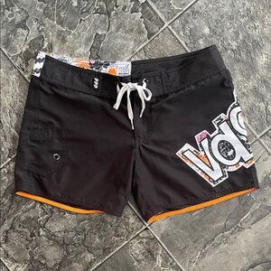 VOLCOM Miss Mod Black & Orange Womens Retro Lower Rise Laces Beach Board-Shorts